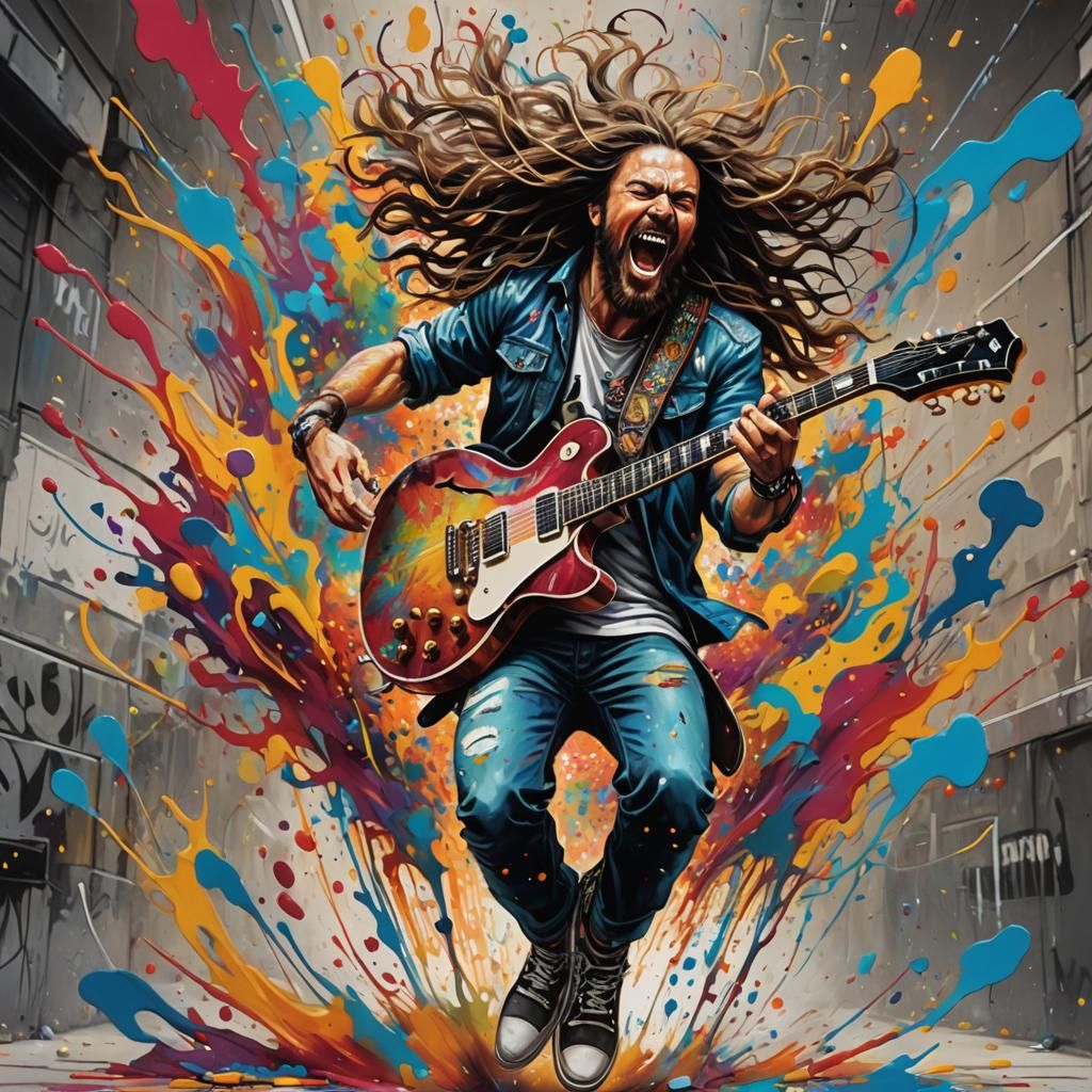 Guitarist Leaps on Stage in Graffiti Art Style
