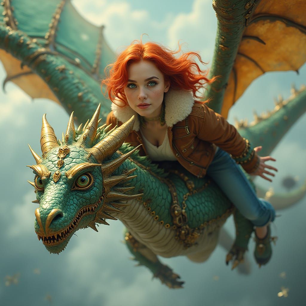 Red-Haired Woman and Dragon in Steampunk Sky
