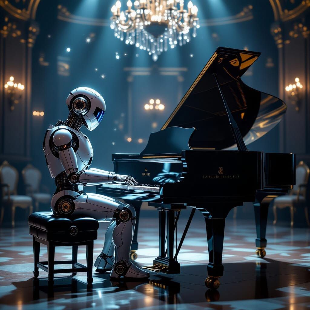 Retro Robot Plays Piano in Opulent Ballroom