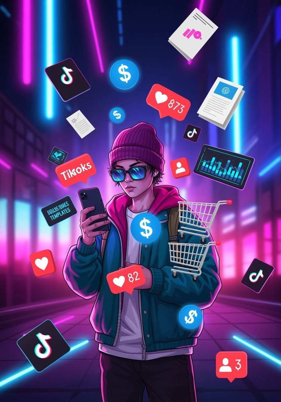 Vibrant Digital Art of Person with Phone and Neon Icons
