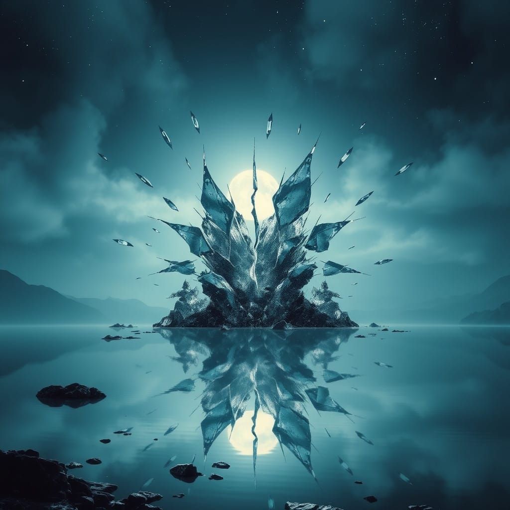 Fractured Moonlit Lake in Dreamlike, Surreal Style