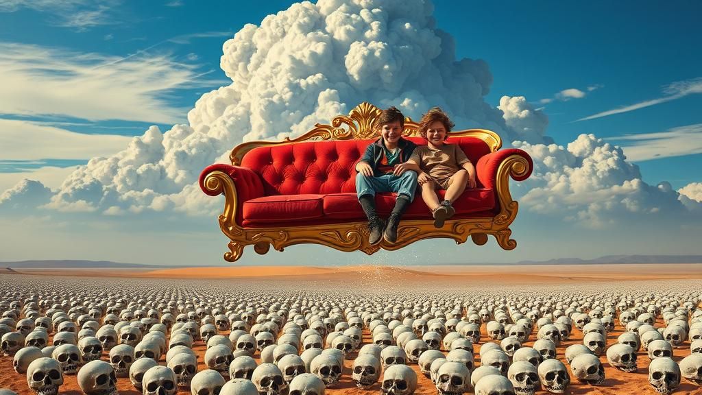 Boys on Flying Couch in Surreal Dreamscape