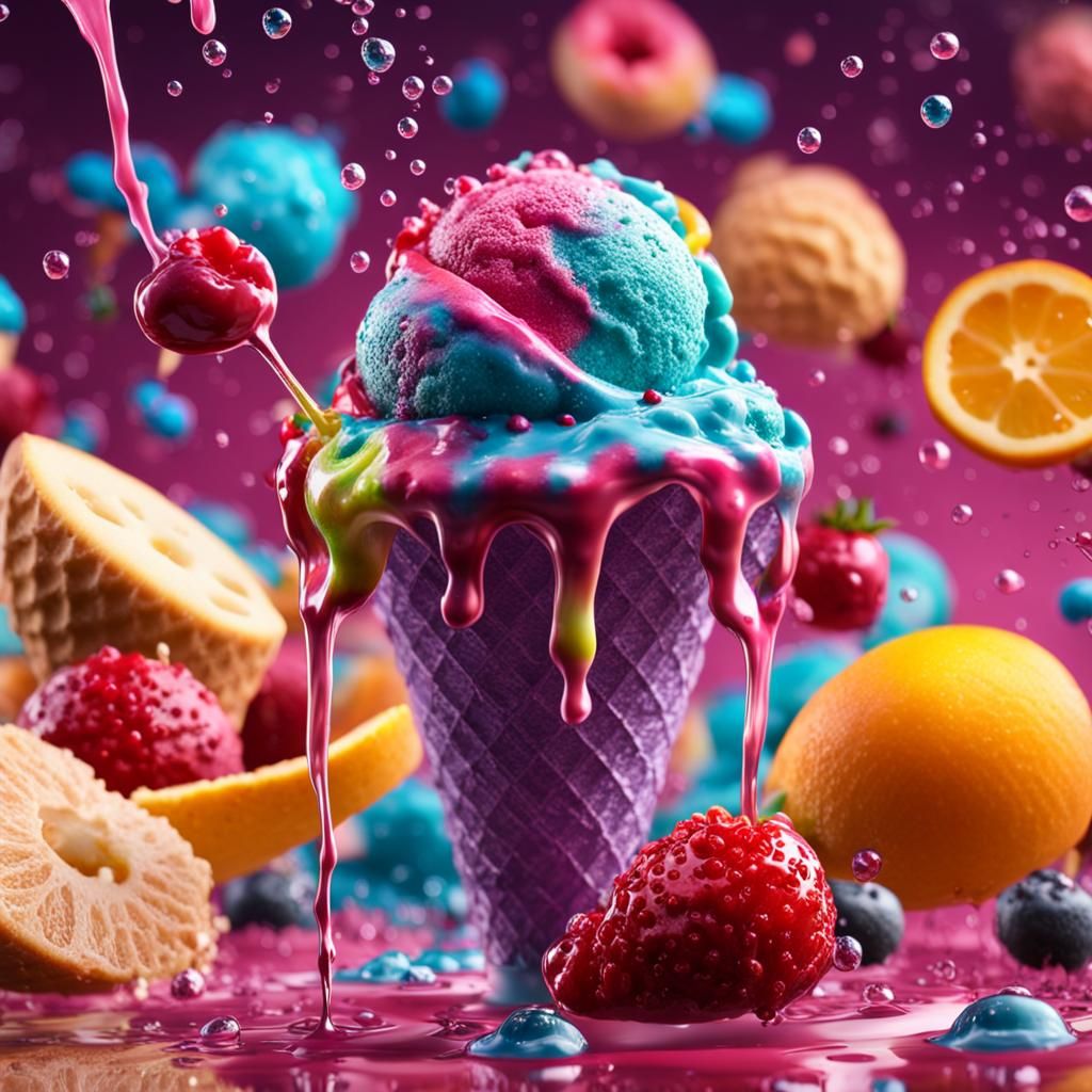 Fruit Salad Ice Cream Explosion in Dreamlike Style