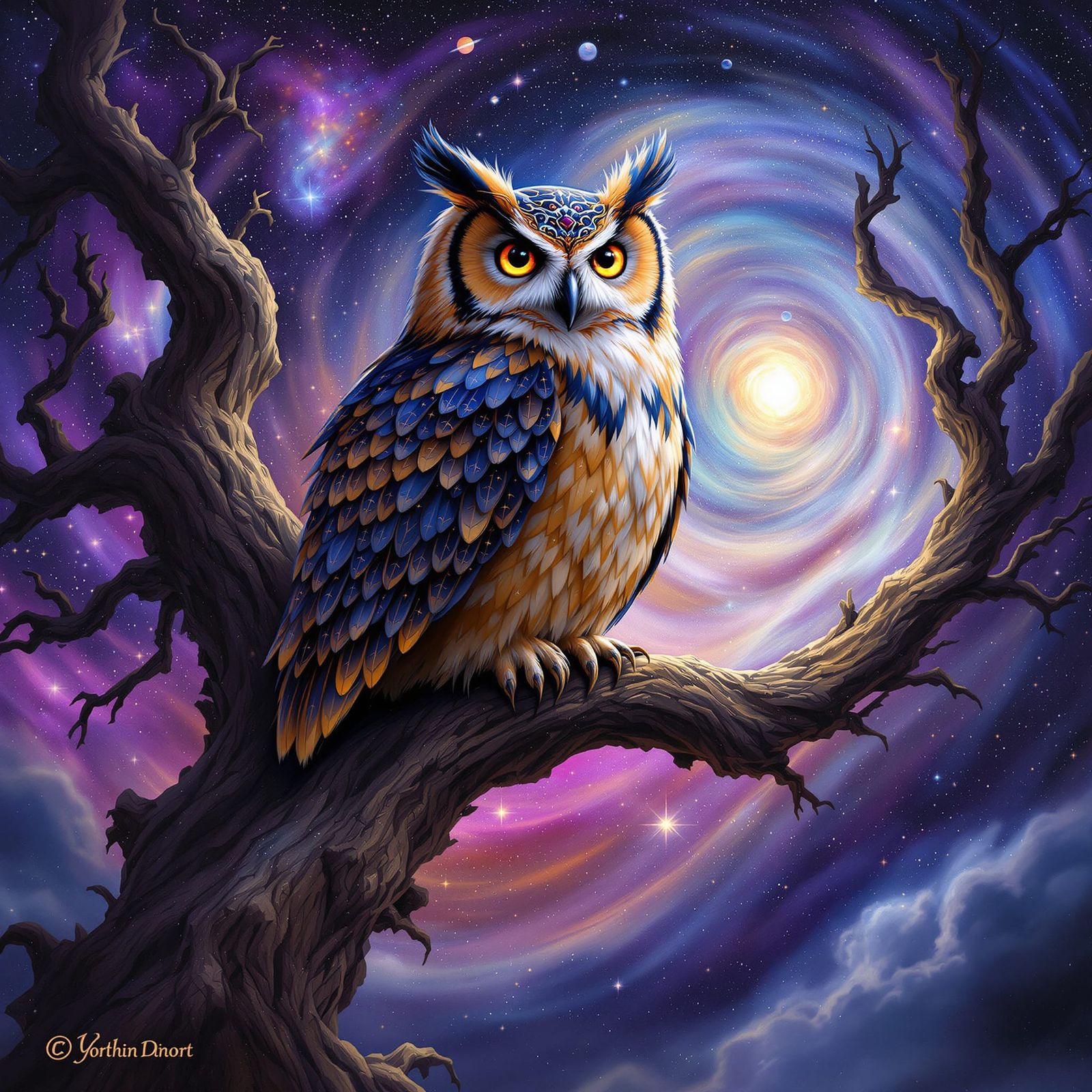 A majestic owl with feathers like nebulae perches on a gnarl...