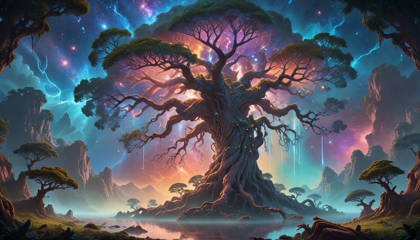 Ancient Cosmic Tree with Ethereal Light Beings