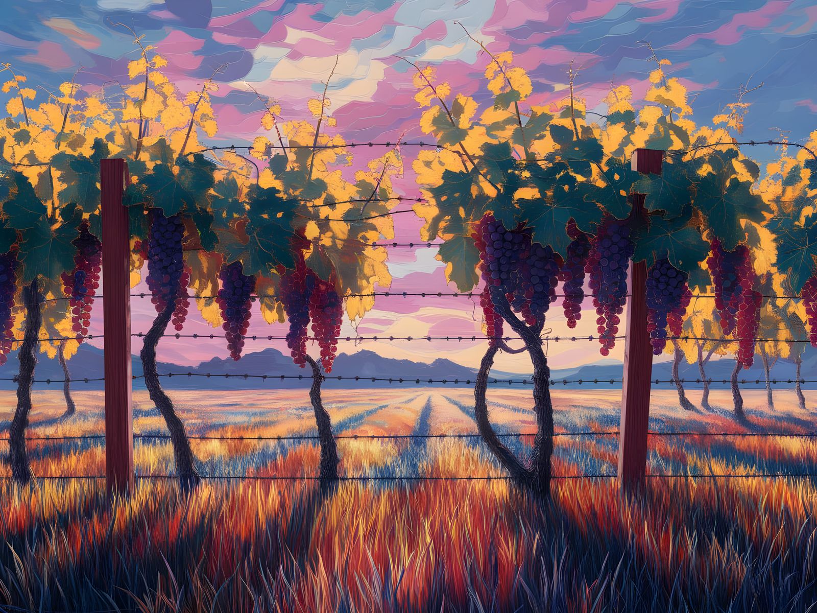 Impressionist Fence Covered in Vibrant Grape Vines