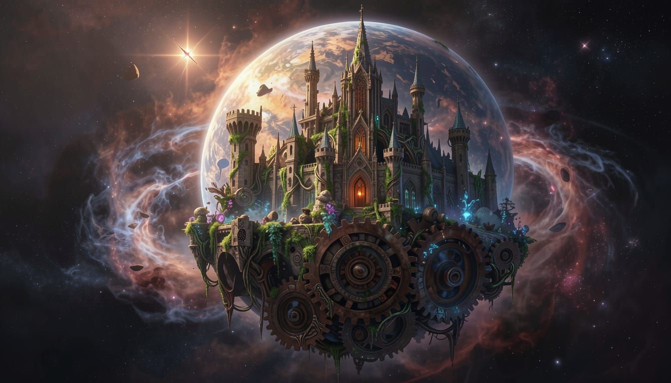 Ancient Castle on Gear Planetoid in Cosmic Nebula
