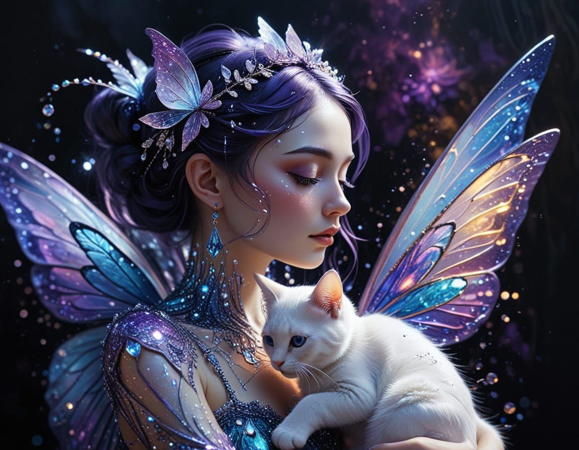 Chibi Fairy and Cat Embrace in Surreal Style