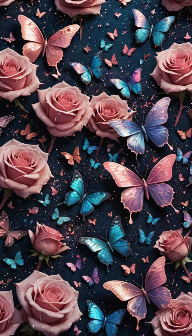 Roses and Butterflies in Dark Astral Expanse