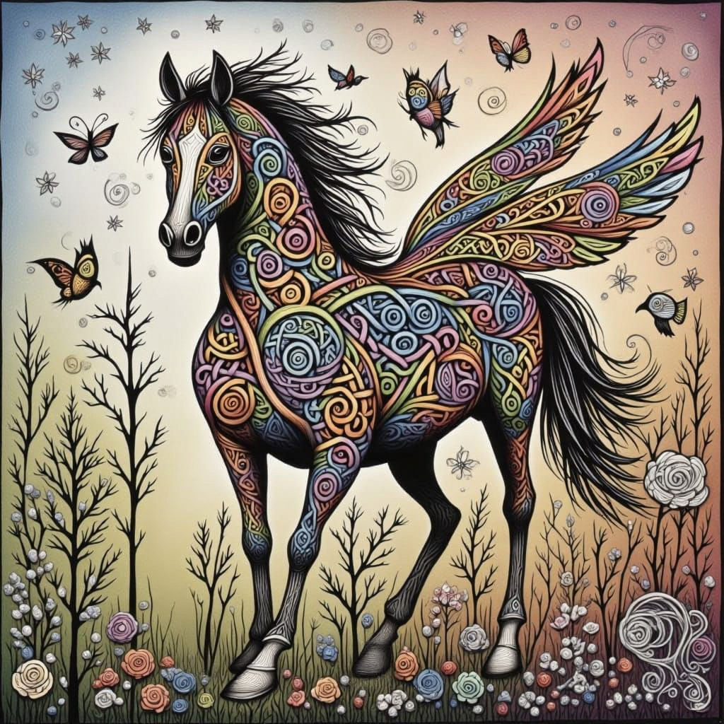 Detailed Painted Horse in Knotwork Sketch Style