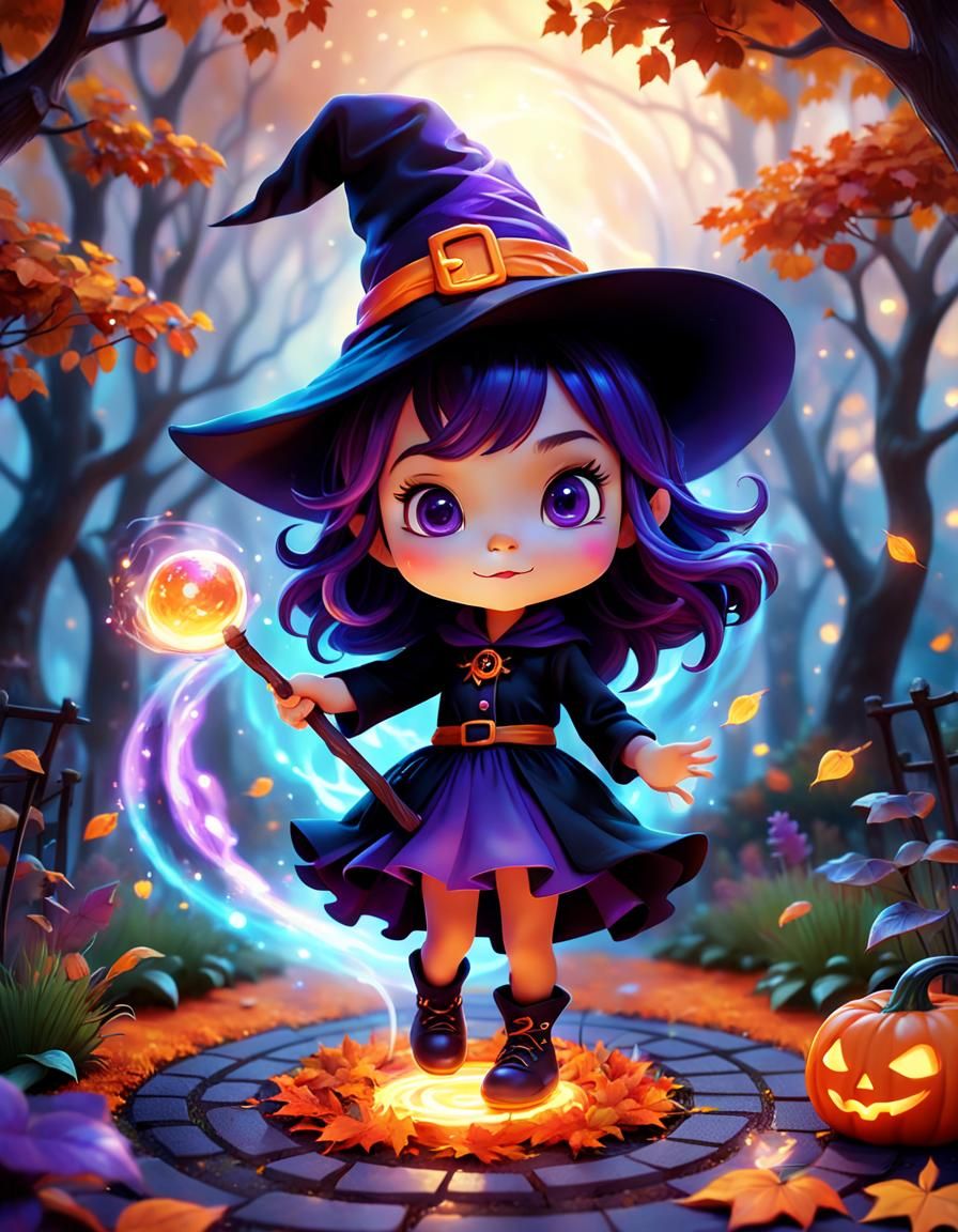 Chibi Witch Conjuring Magic in Enchanted Garden