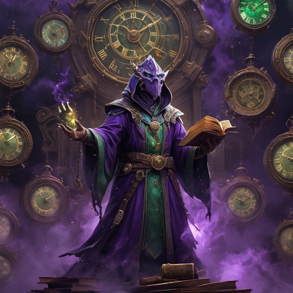 Emerald Dragonborn Wizard Amidst Whirling Clockwork