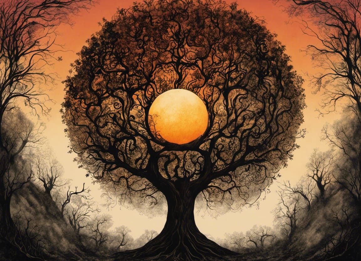 Whimsical Tree of Life Ink Painting