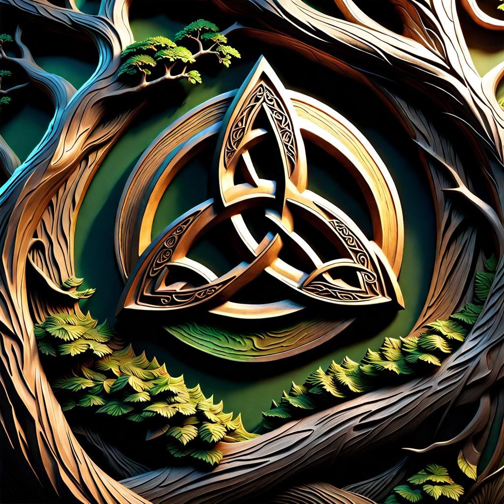 Hyperrealistic 3D Carving of Triquetra in Tree