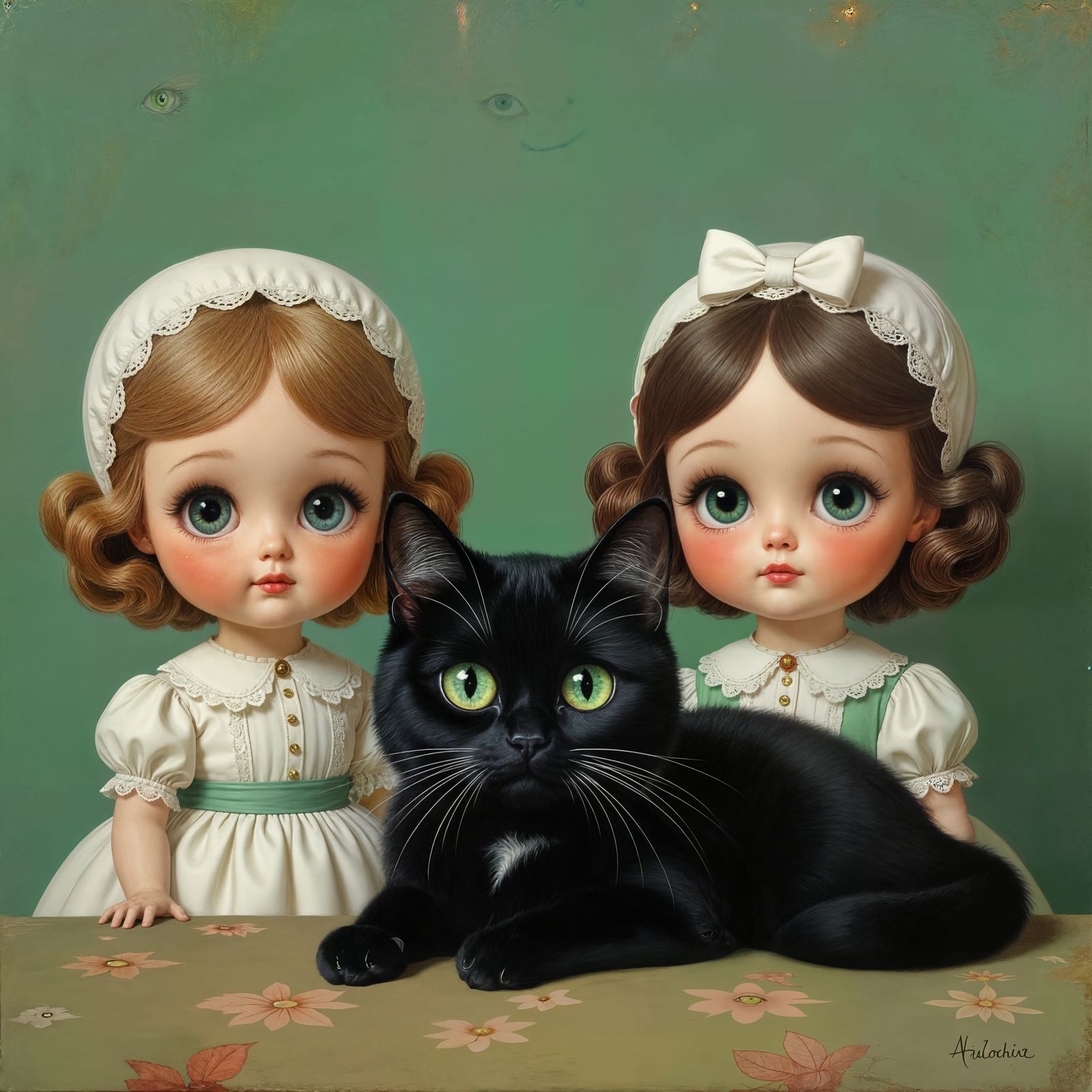 Surreal Black Cat Portrait in Big-Eyed Style