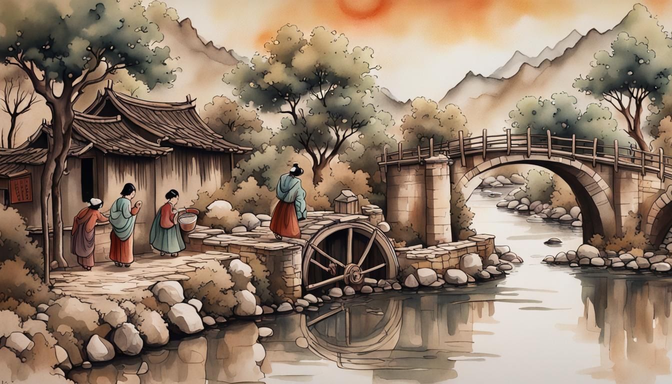 Chinese Women Washing Clothes by River: Hyperrealistic