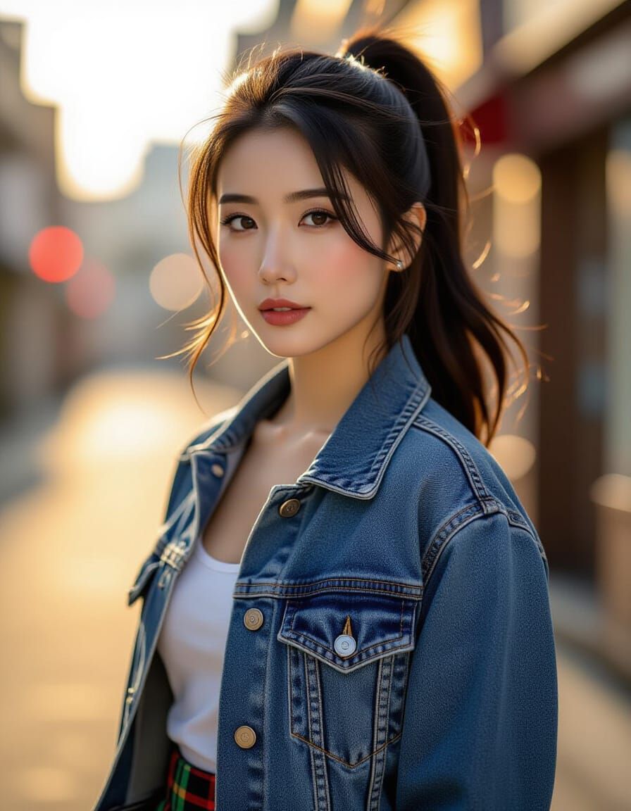 Photorealistic Asian Woman in Denim Jacket and Kilt