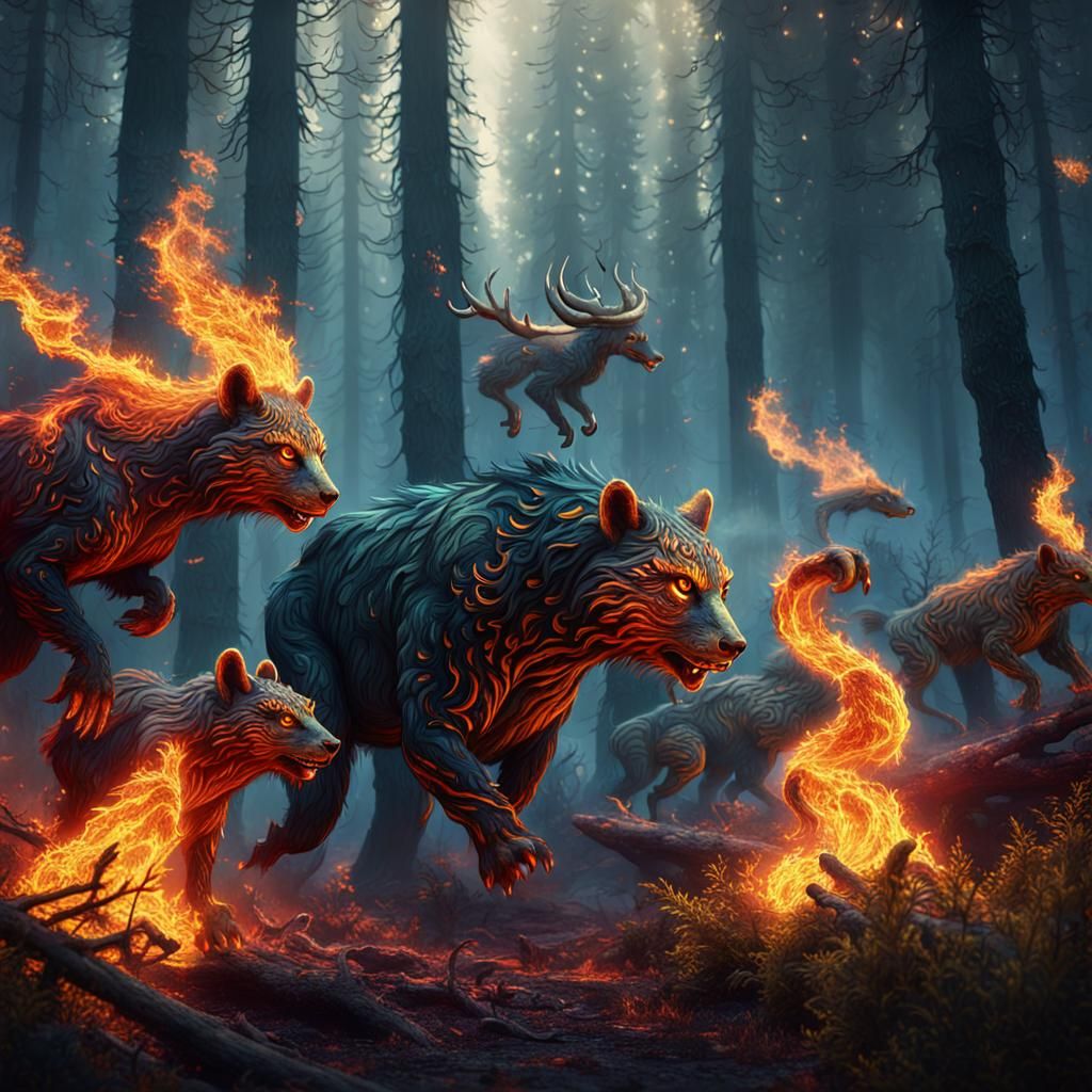 frightened animals escaping flames from a forest on fire