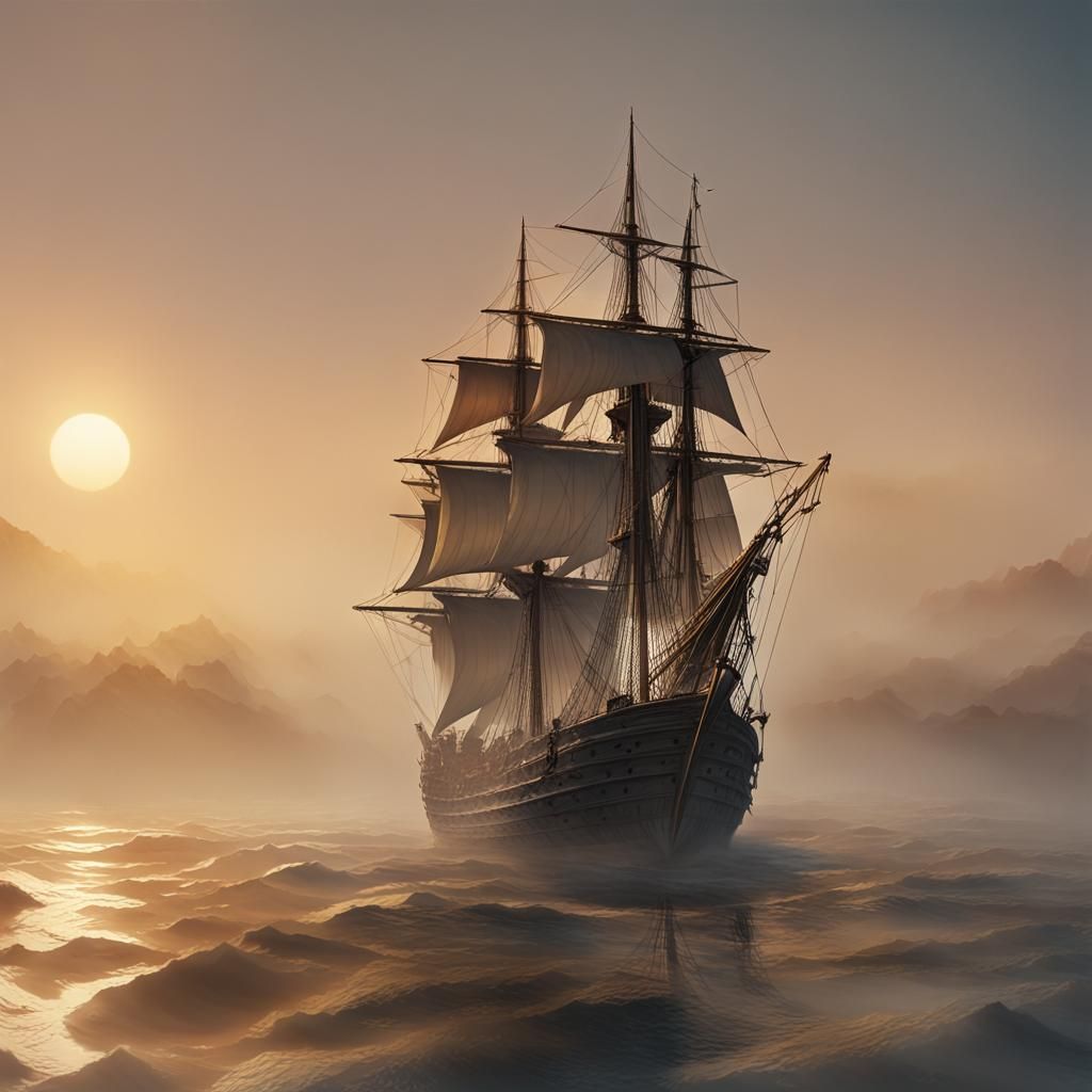 Battered Sailing Ship at Pale Sunrise in Cinematic Style