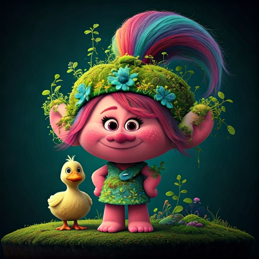 Playful Rainbow Troll and Pet Duck