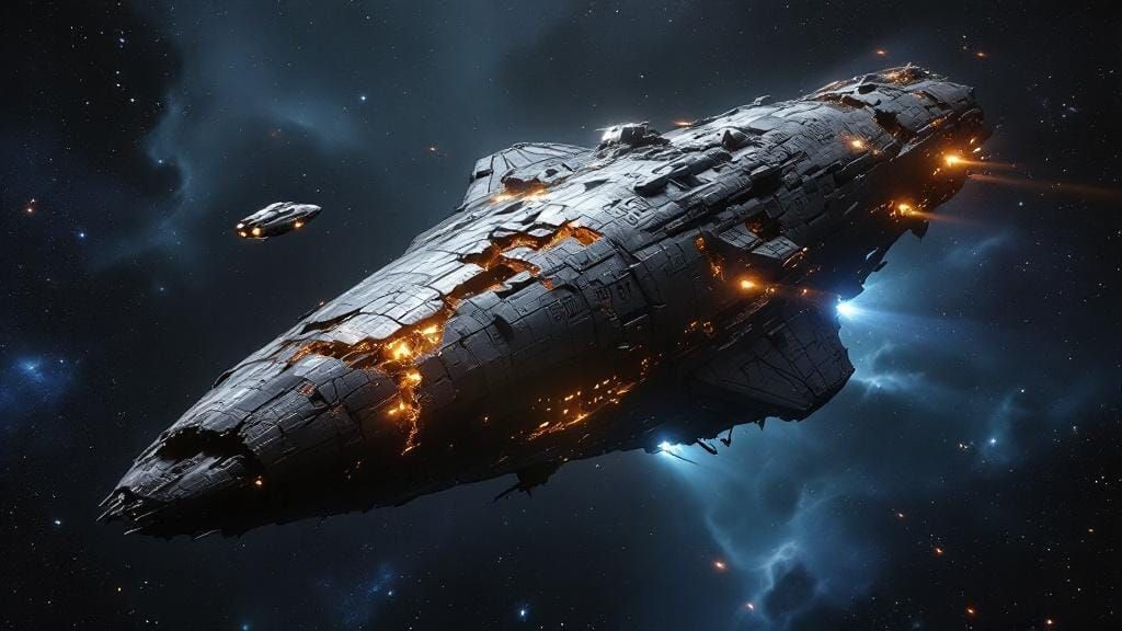 a gigantic derelict alien spaceship drifting alone in deep i...