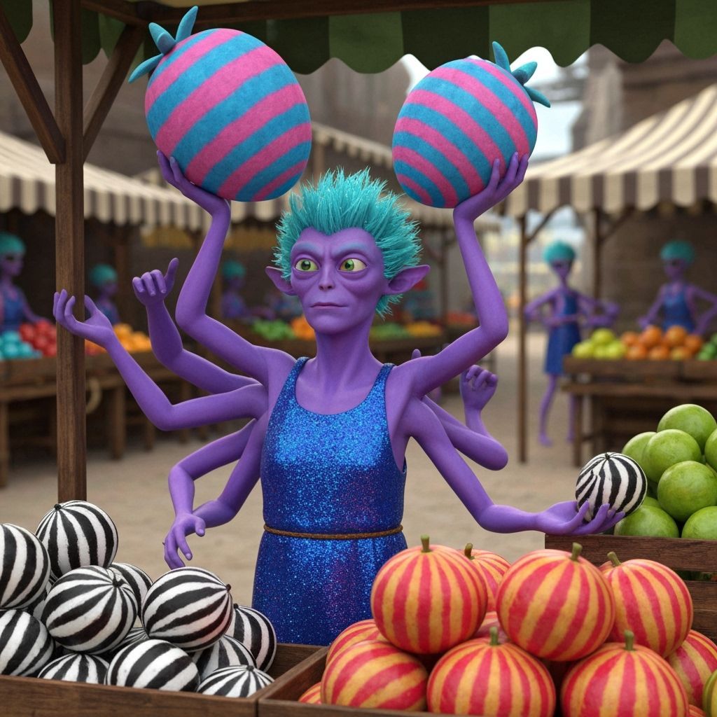 Alien Market with Four-Armed Merchant Selling Striped Fruits