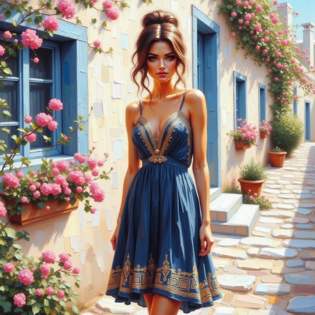 Greek Woman in Santorini as Impasto Painting