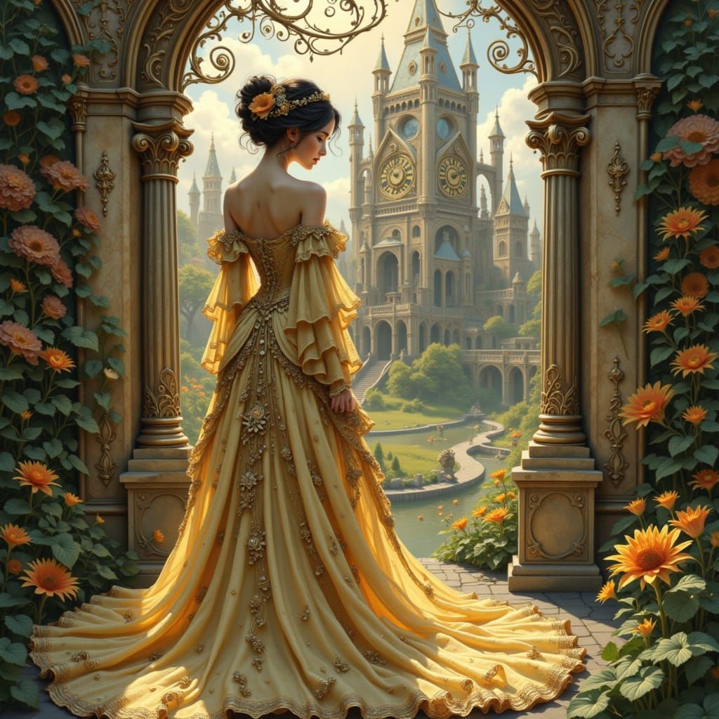 Baroque Lady Before Grand Decaying Clockwork Tower