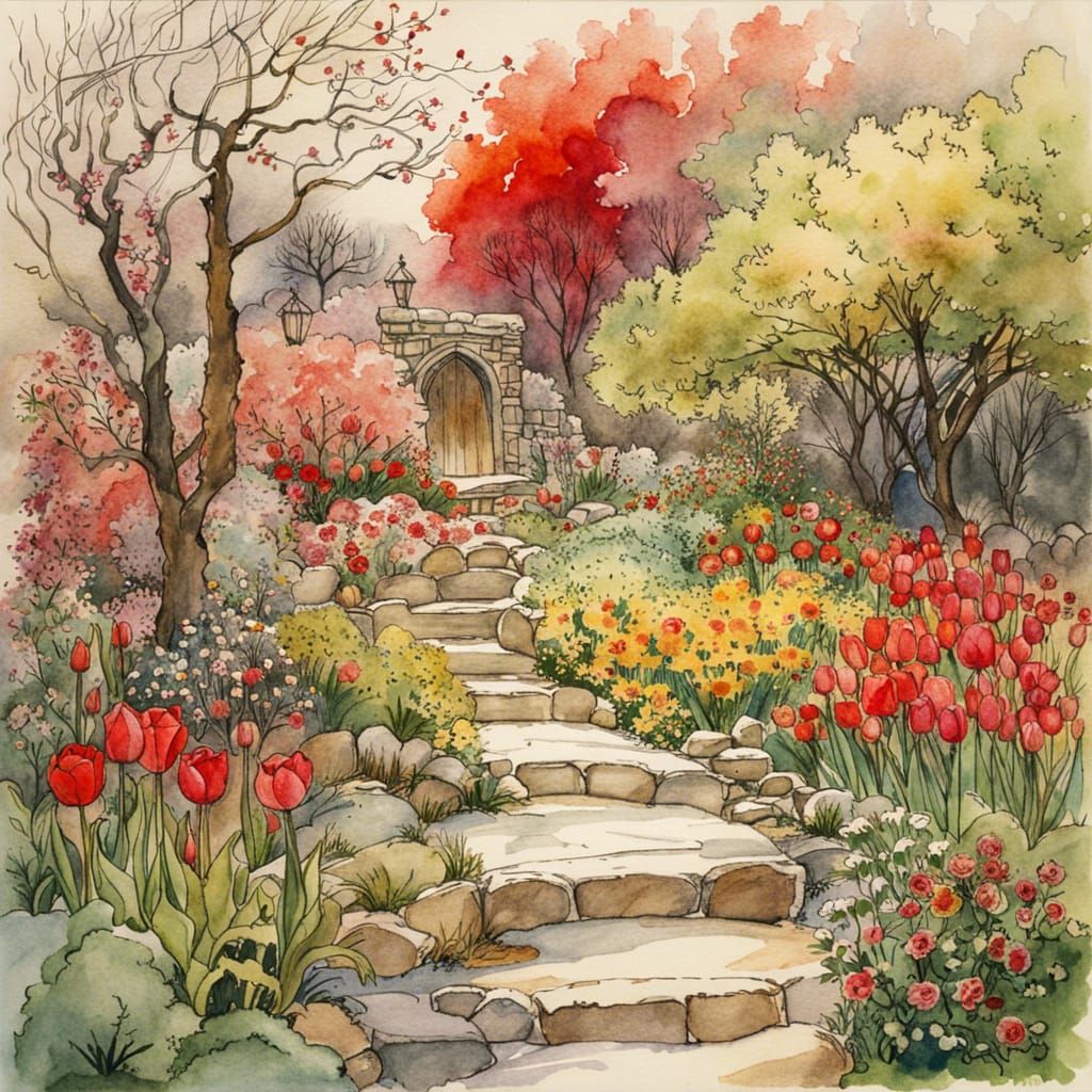Four Seasons Garden in Arthur Rackham Watercolor Style