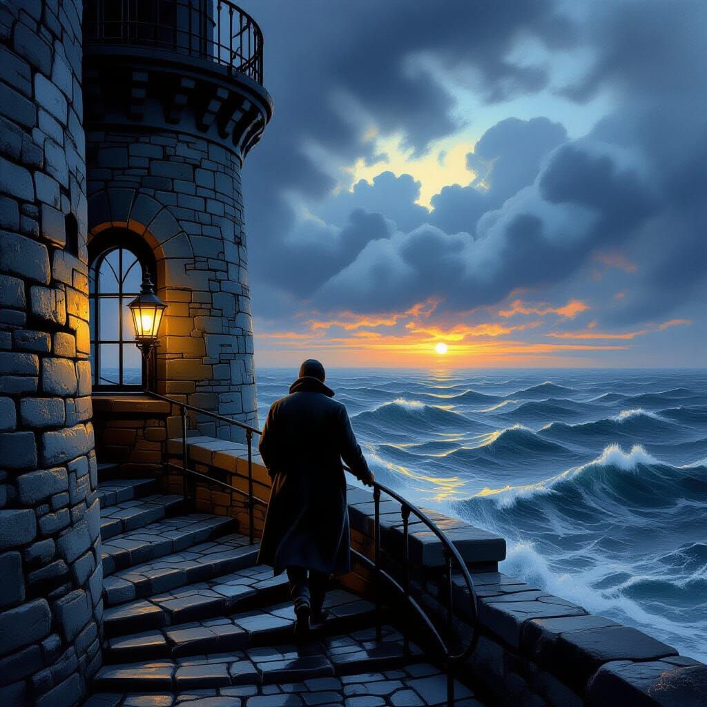 Lighthouse Keeper in Storm, Romantic Realism Style