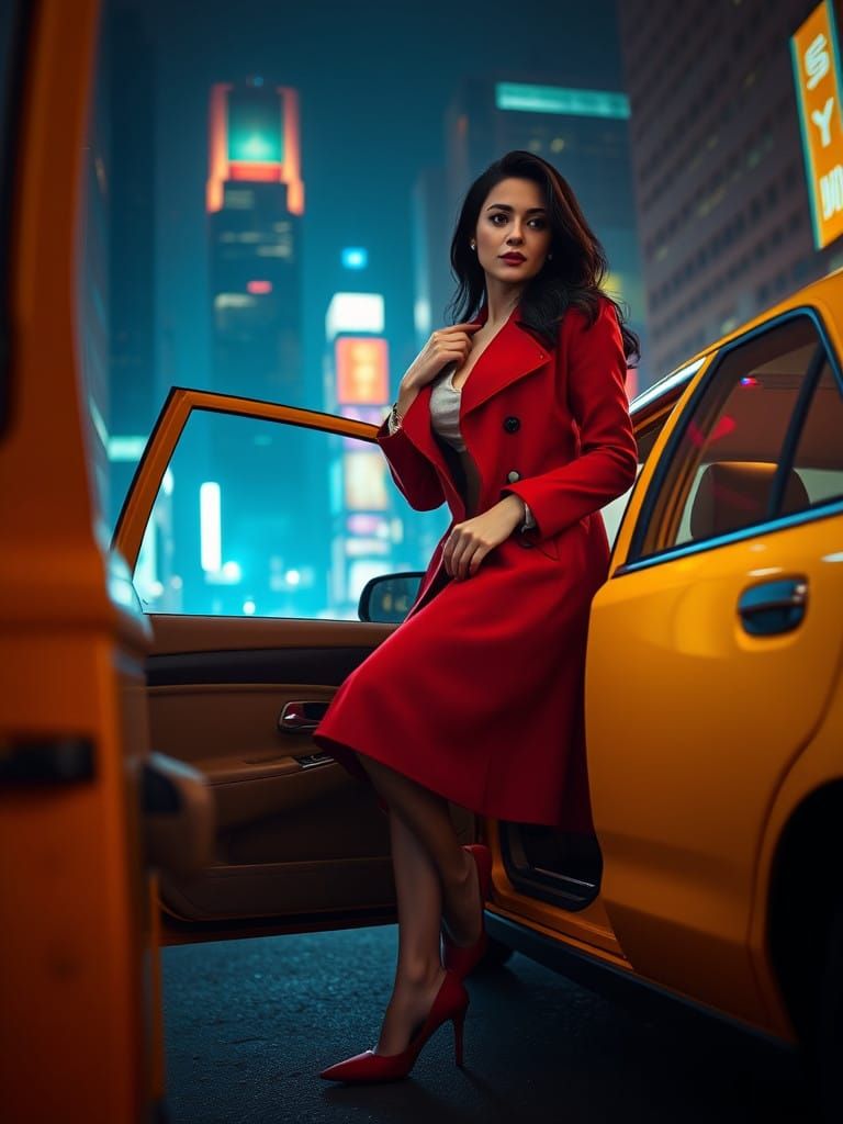 Surreal City Night Scene of Woman in Yellow Taxi, in Casey B...