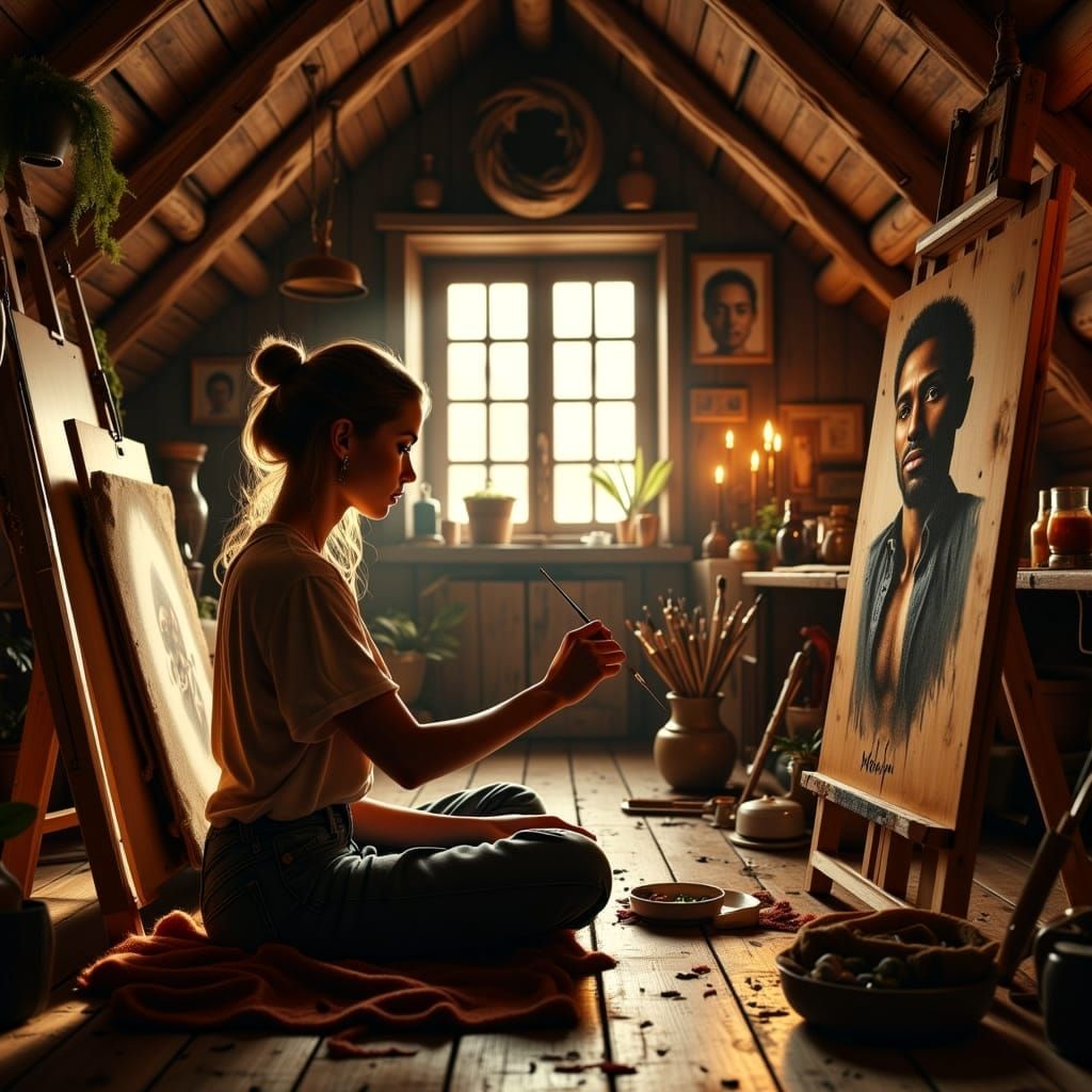 Cozy Attic Art Studio Scene in Photorealistic Style