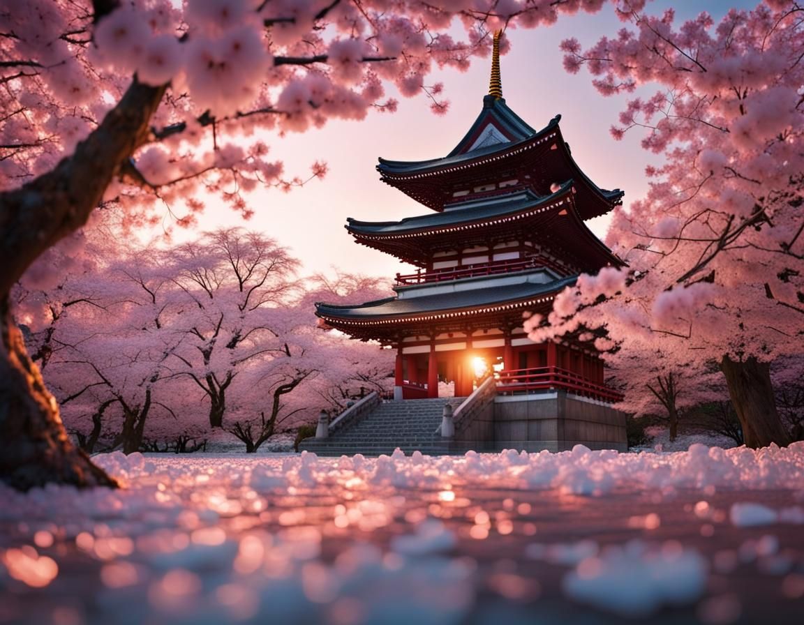 Icy Japanese Temple in Cherry Blossom Grove