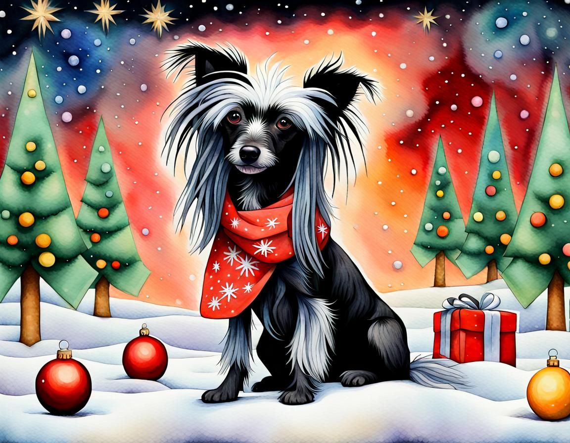 Cubist Christmas Scene with Powderpuff Dog and Snowy Trees