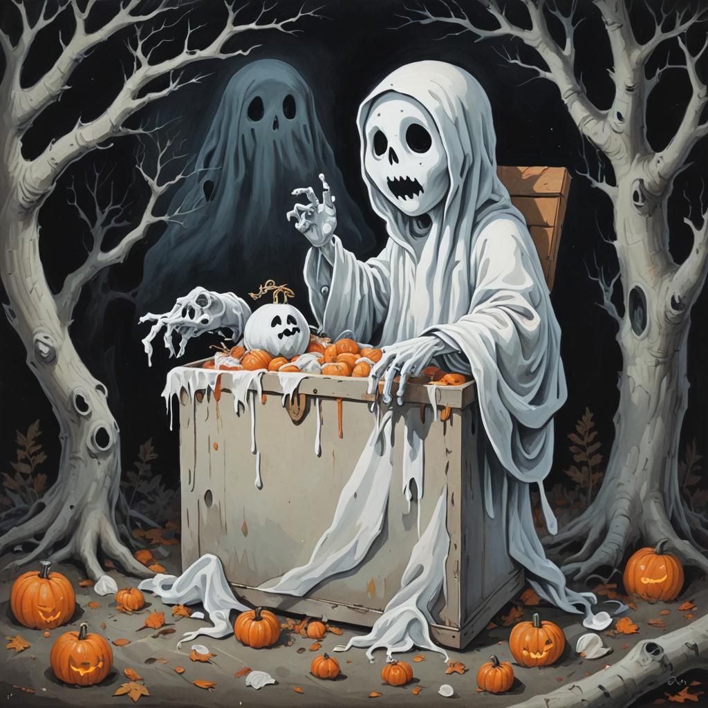 Detailed Gouache Painting: The Boo Box Ghost