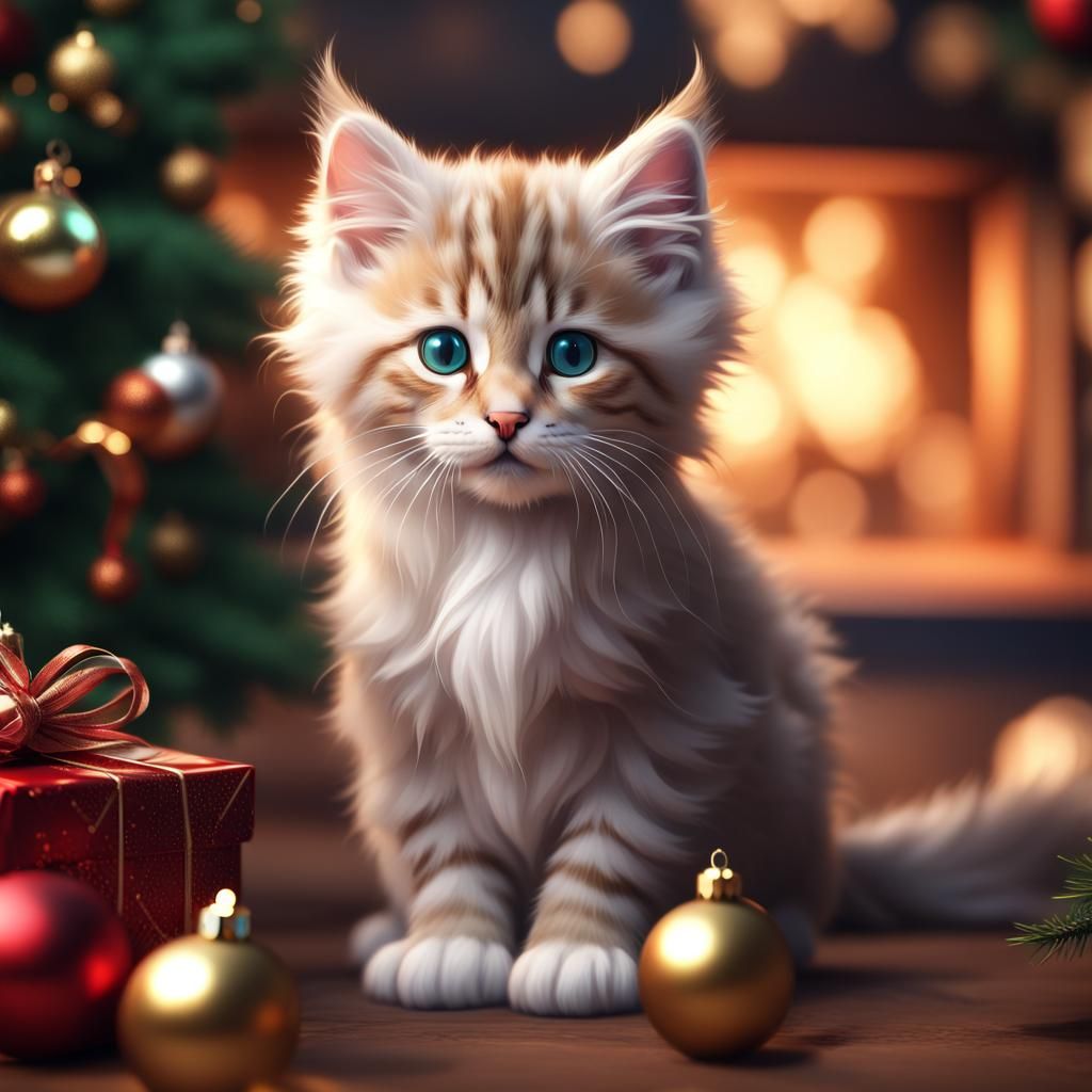 American Curl Kitten in Detailed Christmas Painting