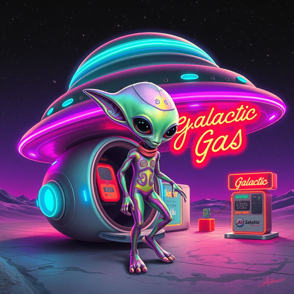 Psychedelic Alien Refuels UFO at Galactic Gas Station