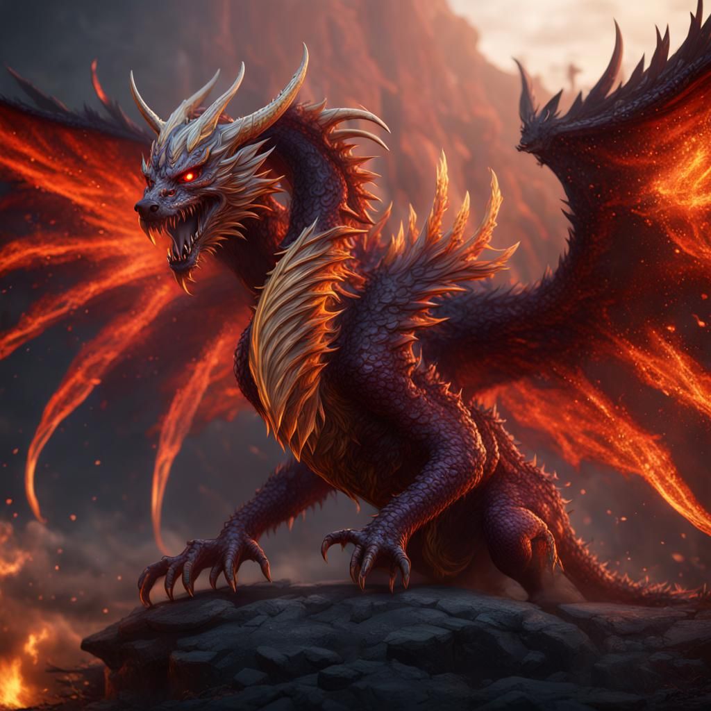 Detailed Phoenix Hellhound Dragon Fantasy Art