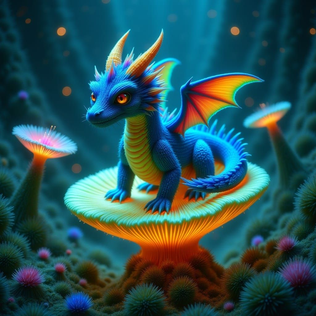 Chibi Dragon on Bioluminescent Mushroom