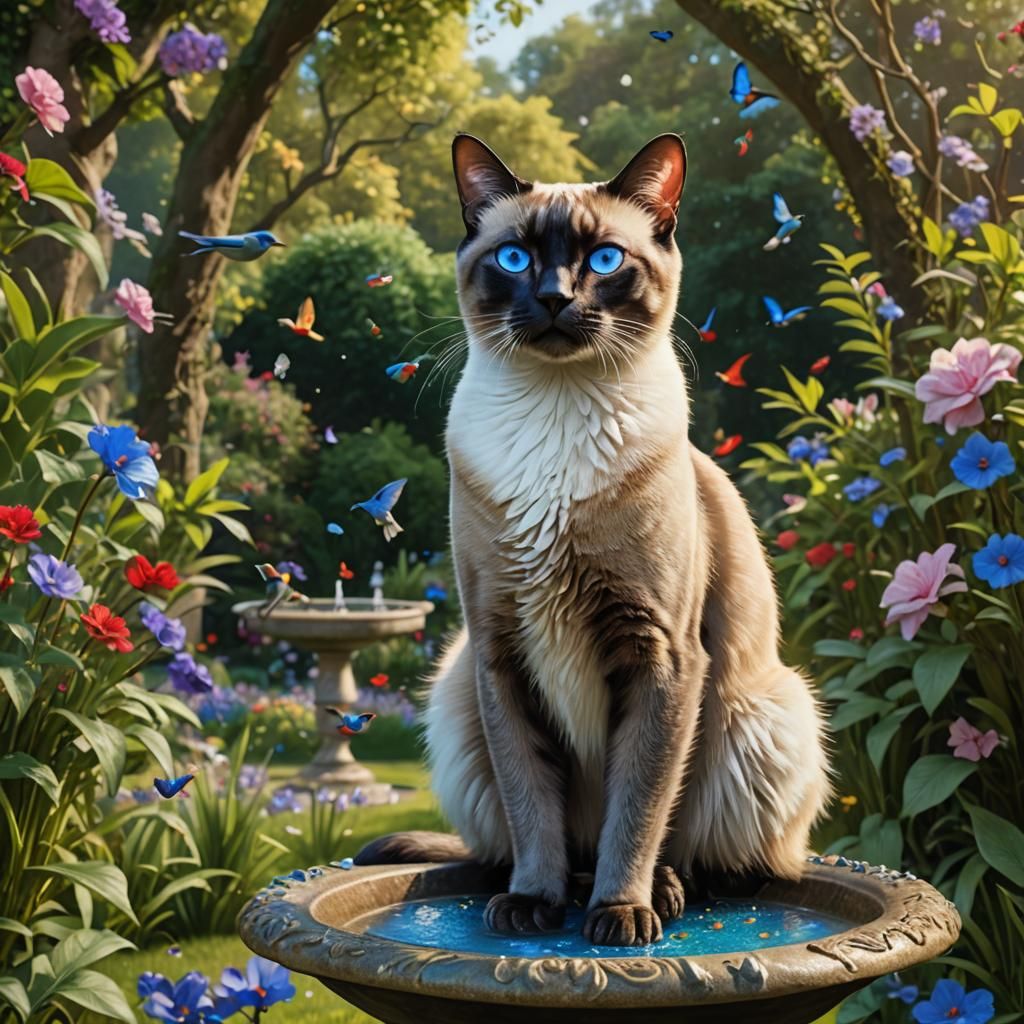 Siamese Cat Watching Birds in Garden, Art Nouveau