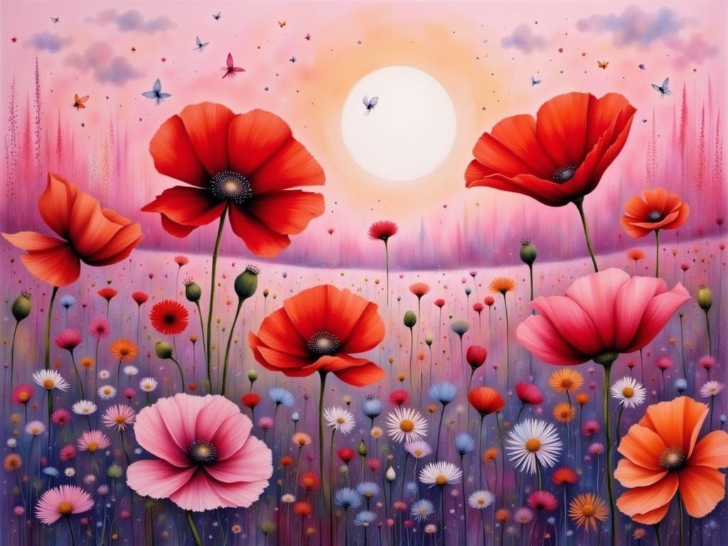 Poppies in Evening Light as Pointillism Art
