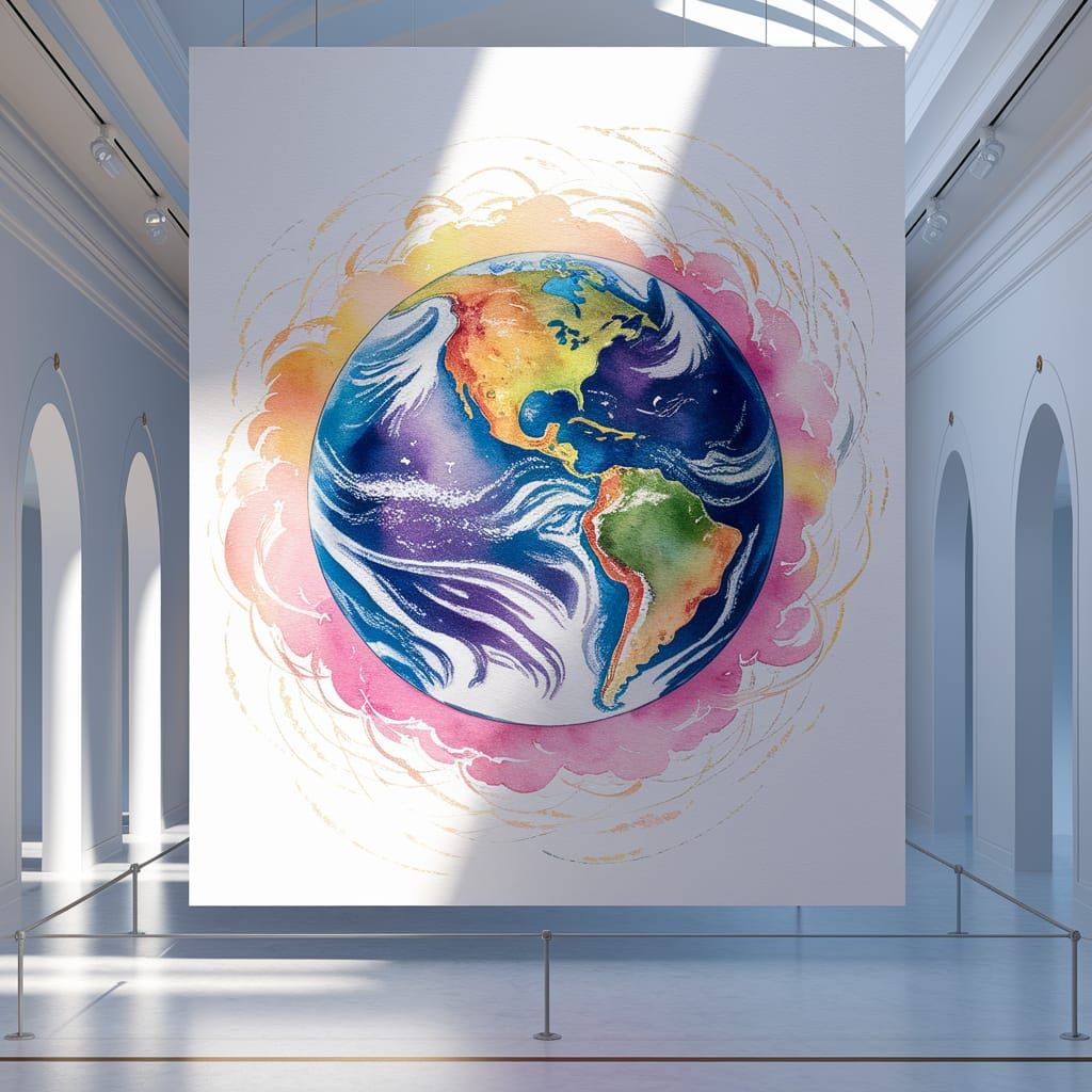 Earth as Watercolor Painting in Museum