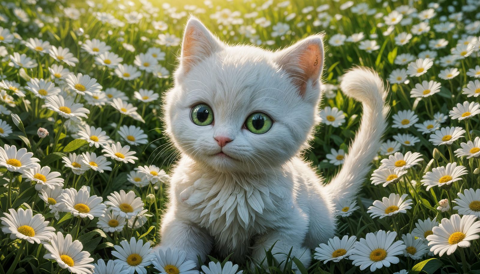 Snow-White Kitten Among Daisies: Pixar-Style 3D Art
