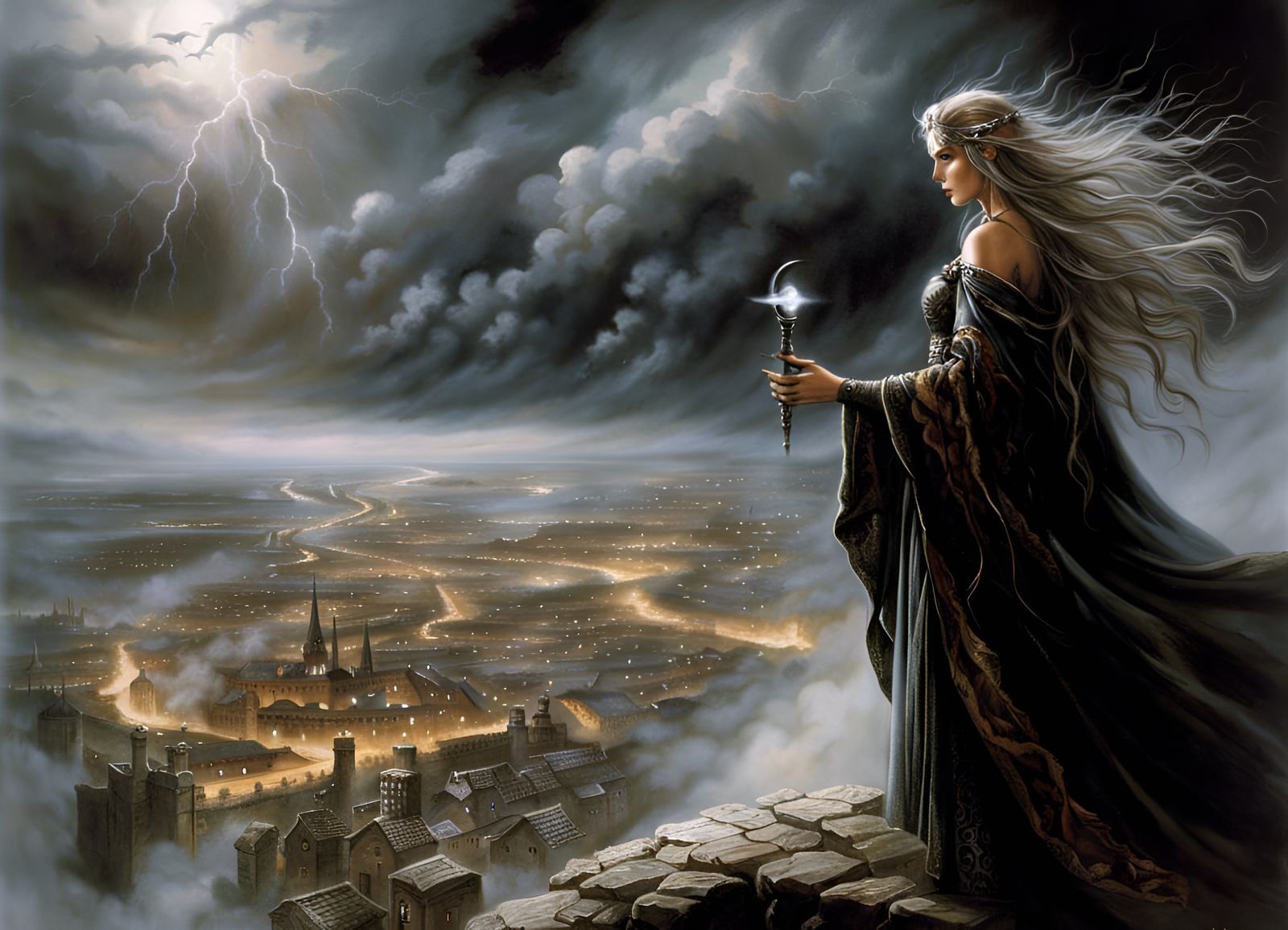 Druid Conjures Tempest in Detailed Fantasy Art