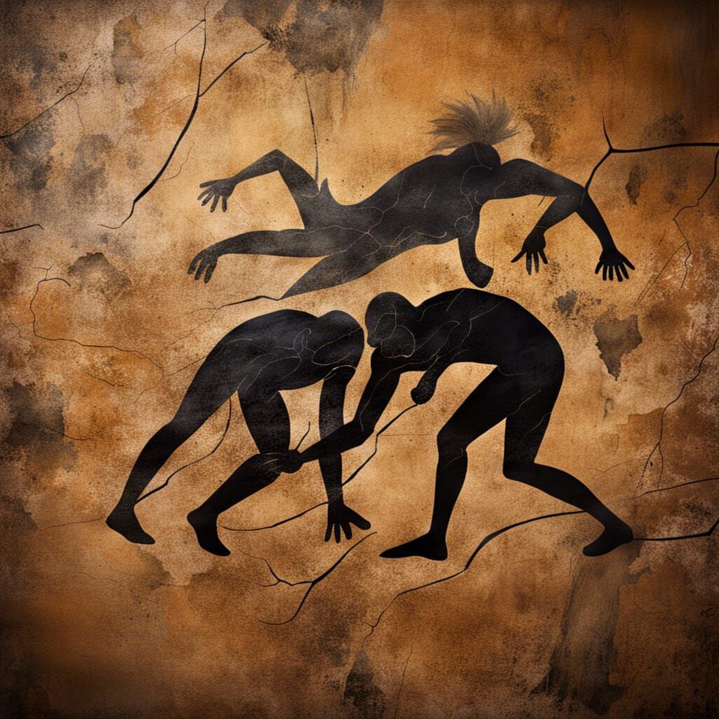 Ancient Cave Painting of Wrestling Match