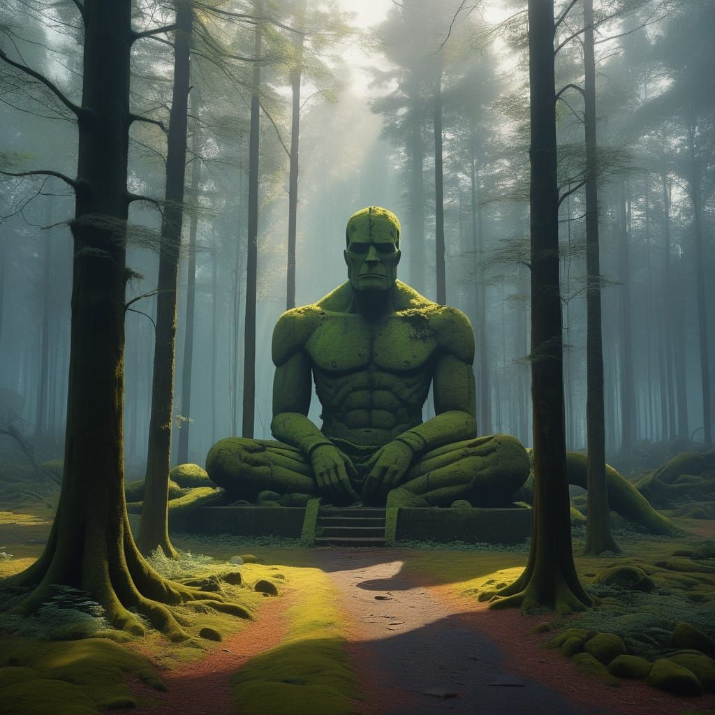 Shattered Colossal Statue in a Mystical Forest