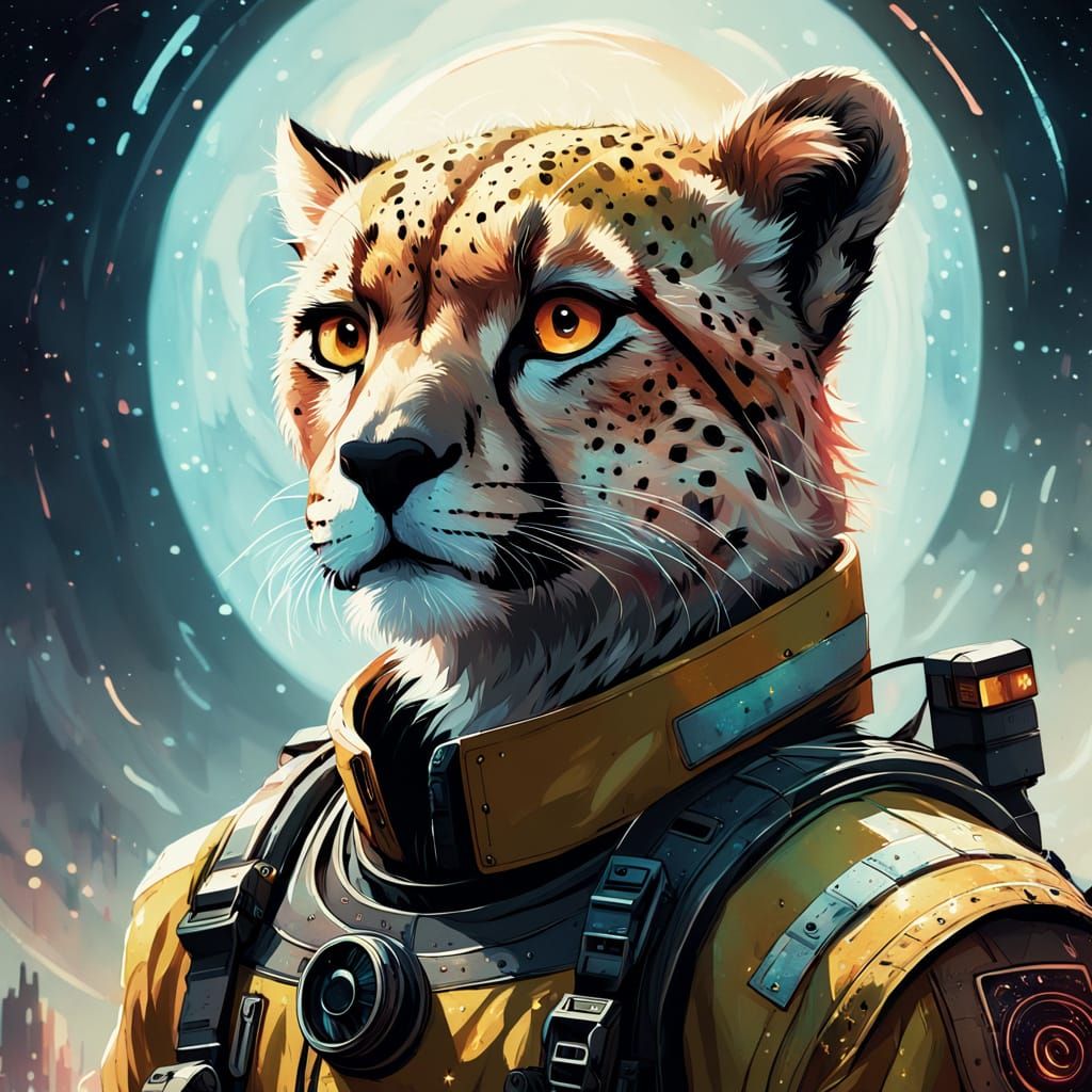 Determined Cheetah Firefighter in Starry Space