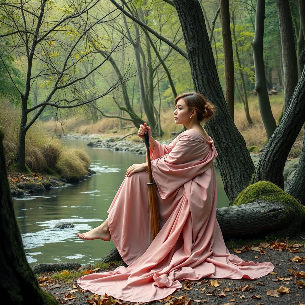 Woman Fishing by River in Art Nouveau Style