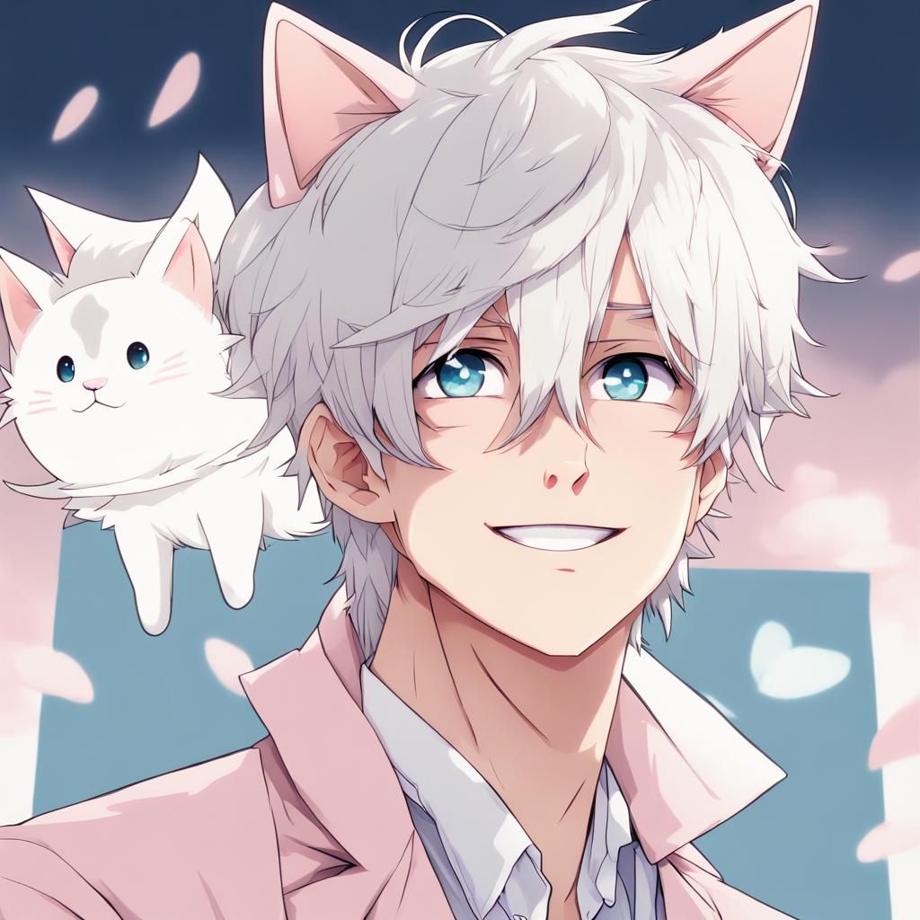 Anime Style Boy with Cat Ears in Pink Suit