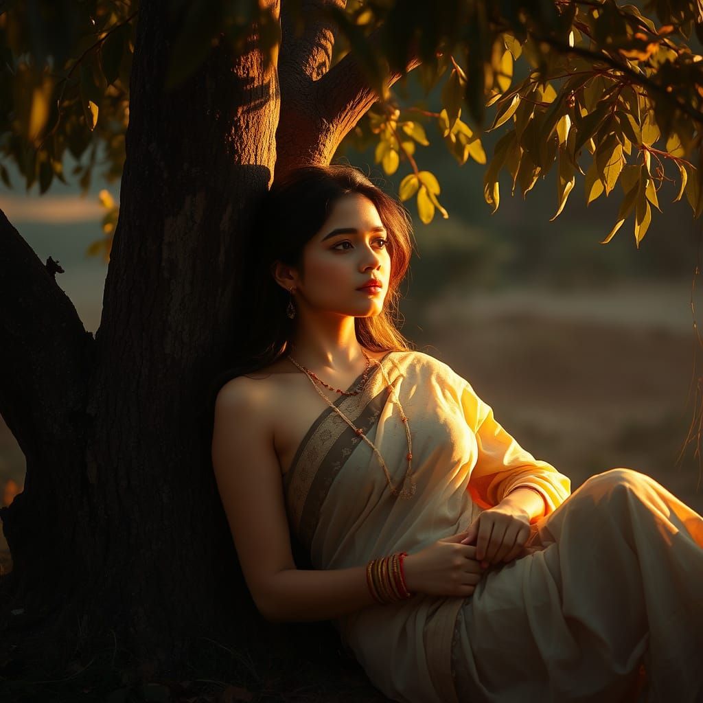 Beautiful Woman in Saree Relaxing Under a Tree
